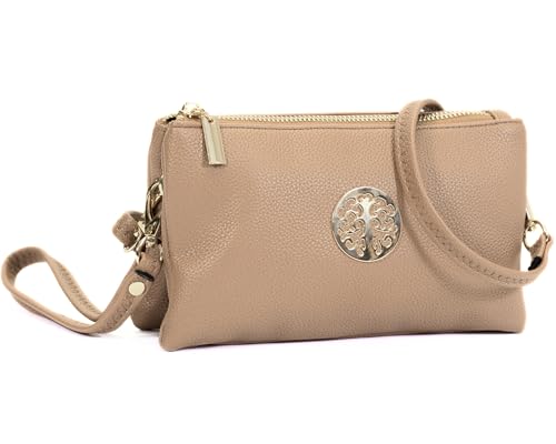 Image of Big Handbag Shop Women’s Vegan Leather Mini Crossbody Bag, Small Holiday Travel Pouch Purse Wallet with Wristlet Strap and Secure Zip Compartments - Ivy (Khaki)