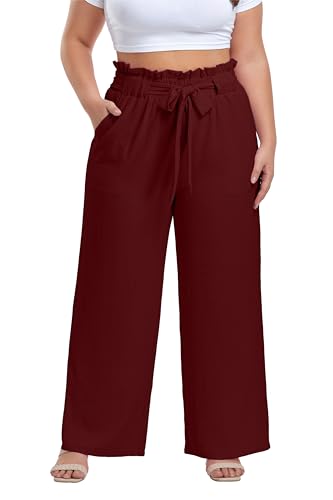 Image of OLRIK Women's Plus Size Pants Adjustable High Waisted Wide Leg Palazzo Pants Casual Trousers with Pockets Spring Clothes