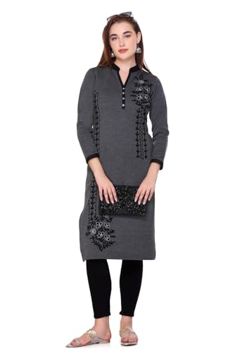 Image of Rosary Women's Winter Woolen Kurti Embroidered Straight Fit Ethnic Wear with 2 Side Pockets