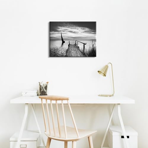 Image of Nature Beach Landscape Wall Art for Living Room Black and White Paintings Wall Decor Ocean Coastal Scenery Canvas Prints Seascape Sailboat Picture Vintage Poster Artwork Kitchen Modern Home Decoration 12x16 inch