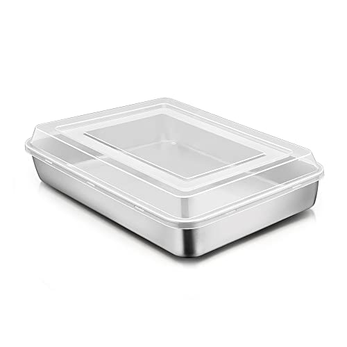 Joyfair Bandeja para hornear con tapa, Juego de bandejas para hornear de acero inoxidable, 26.5x20x5cm, Bandeja rectangular para hornear asar almacenar, ideal para pastel / brownie / lasaña Cover