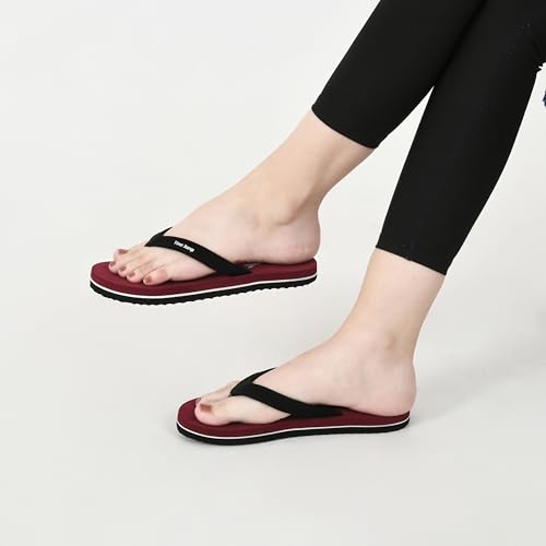 Image of Perforated Flip Flops, Burgundy with Black Straps, Casual Beach Sandals