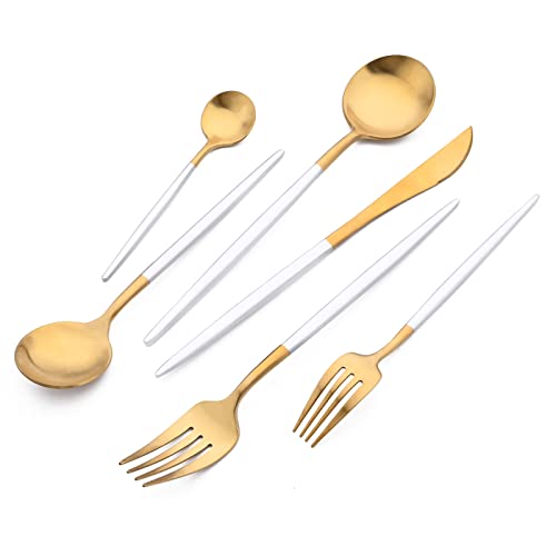 Snplowum - Juego de vajilla de 24 piezas de oro mate, utensilios de acero inoxidable 18/10 con mango blanco para cena y postre, juego de cubiertos para restaurante, servicio para 4 (oro blanco)