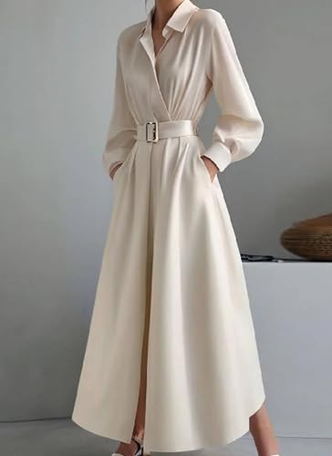 Women's Apricot Solid Long Sleeve Collared Maxi Shirt Dress with Belt and Side Slit Elegant 2025 Summer Fashion Clothes4