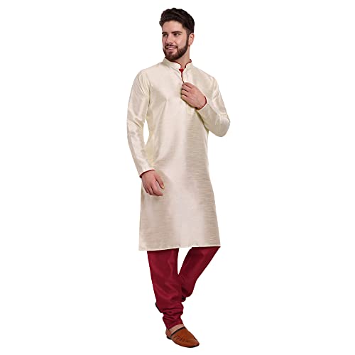 Image of SKAVIJ Men's Dupion Silk Regular Kurta Pajama Set Off-White XL