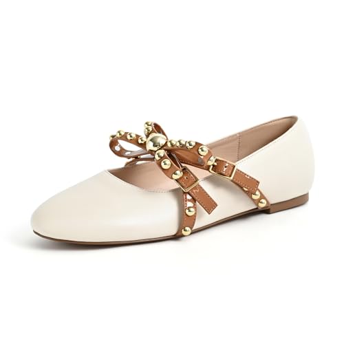Women's Mary Jane Flats Round Toe Ballet Flats Shoes Pearl Embellished Bow Loafer Flats Slip On Comfortable Stud Strap Soft Dressy Flats Shoes