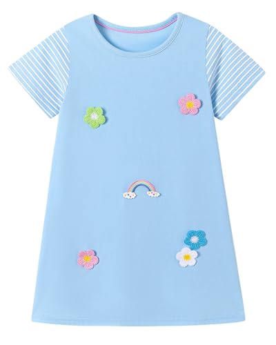 Image of Girls Cotton Long Sleeve Casual Cartoon Appliques Striped Jersey Dresses