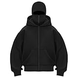 Generisch Balaclava Zip Hoodie Herren Kapuzenpullover mit Sturmhaube Oversized Mask Jacke mit Doppel Kapuze Y2K Hoodies mit Fleece Winddichte Übergangsjacke Motor Fahrrad