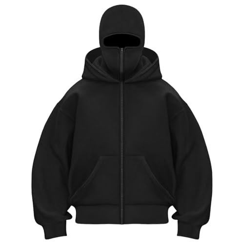 GHGNFG Unisex Balaclava Hoodie with Built-In Mask Fashion Double Layer Hooded Sweatshirt with Zipper Windproof Jacket(L)