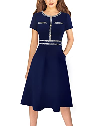 Image of VFSHOW Womens Buttons Pockets Office Business A-Line Dresses Short Sleeve Work Crew Neck Tweed Trim Fit and Flare Swing Dress