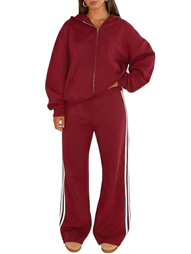 Akmipoem Sweatsuits Women 2 Piece Outfit Zip Up Hoodie Jacket Striped Wide Leg Sweatpants Athleisure Tracksuit Lounge Set