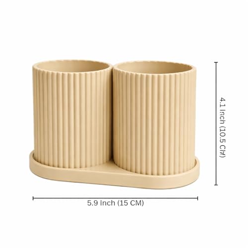 Image of Aesthetic Toothbrush Holder for Bathroom, Dual Cup Ribbed Design, Toothbrush & Toothpaste Organizer Stand, Modern Bathroom and Stationery Accessories Holder (Beige)