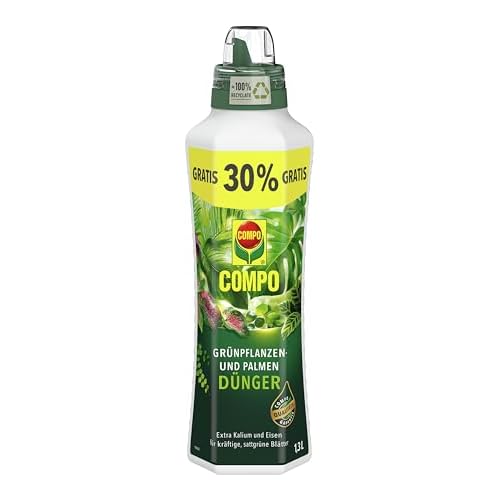COMPO SANA Grünpflanzen- und Palmenerde mit 12 Wochen Dünger für alle Zimmer- und Balkonpflanzen sowie Palmen und Farne, Kultursubstrat, 10 Liter 11 COMPO Grünpflanzendünger und Palmendünger für alle Zimmer-, Balkon- und Terrassenpflanzen, Spezial-Flüssig-Dünger mit extra Kalium und Eisen, 1,3 Liter