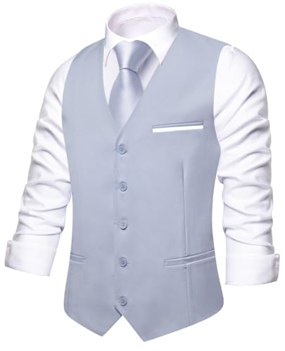 Image of Hi-Tie Men's Formal Suit Vest Solid Fit Vest for Men 3 Pockets V Neck Waistcoat Business Wedding Casual