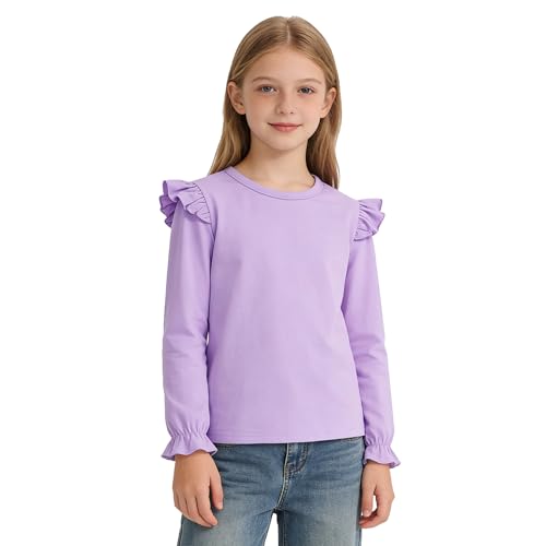 Image of LYSMuch 7-14Y Girls Ruffle Long Sleeve Shirt Kids Crewneck Basic Blouse Casual Tee
