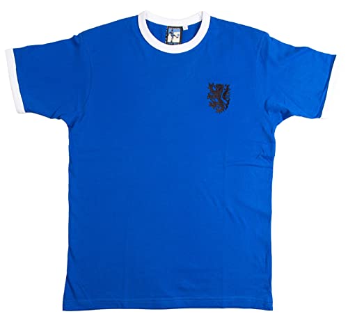 Image of Holland Netherlands Away 1970s Retro Football T Shirt Embroidered Logo Royal/White