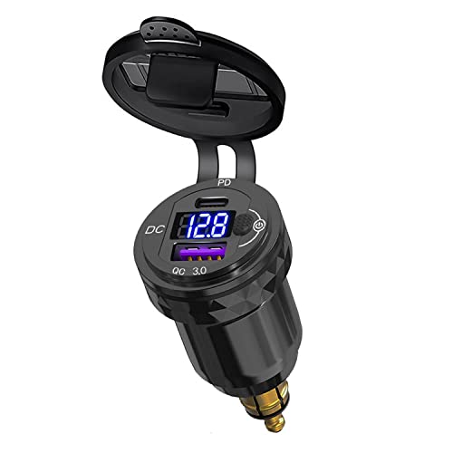 Conector DIN a USB 3.0 + adaptador USB C PD 20 W con voltímetro y botón interruptor cargador tipo C USB macho para motocicletas de 12 V-24 V Ducati, Triumph, BMW de estilo europeo (negro)