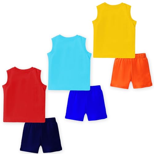 Image of TS LAVI TAVI Baby Cotton Clothing Set | Sleeveless T-Shirt & Shorts Combo | Summer Wear for Boys & Girls | Soft Breathable Fabric | Multicolor Pack of 3