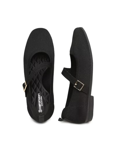Women's Mary Jane Ballet Flats Square Toe Knit Ballerina Walking Dressy Office Slip-on Shoes with Strap3