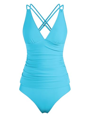 Image of ZAFUL Womens Tankini Swimsuits V Neck Push Up Swim Top Color Block Tummy Control High Waisted Bathing Suits Swim Bottom