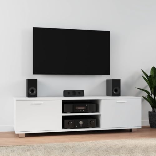 Mhdvray Meuble bas blanc 140 x 40 x 35 cm en bois et aluminium - Buffet TV moderne avec 4 compartiments et trous pour câble - Table TV stable jusqu'à 100 kg...