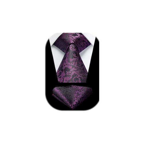 HISDERN Violet Cravate pour Hommes Élégant Cravates Mariage Floral Paisley Homme Ensemble de carré poche pour Affaires Formelles