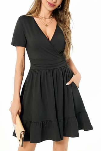 Image of Women's Fashion Summer Causal Short Sleeve Dress V Neck Beach Party Dresses with Pockets