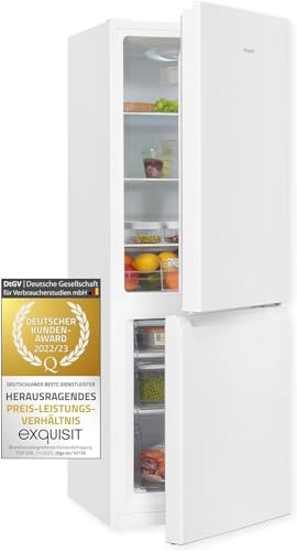 Exquisit® Frigorífico Combi, 175L, Clase E, Color Blanco, Cajón Verdulero, Estantes de Cristal, Altura Regulable, Tiradores Integrados, Luz LED, Consumo 195 kWh/año, Medidas 143,5x49x56,5 Cm.