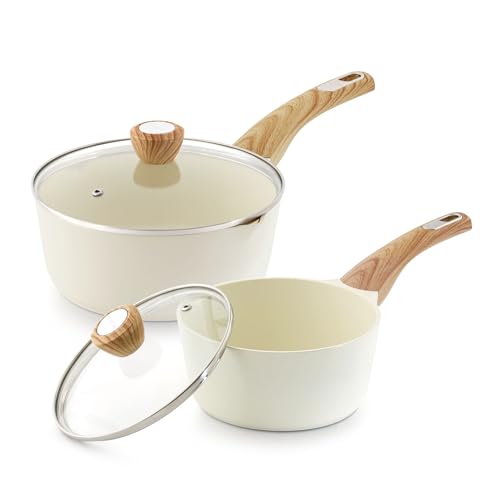 Image of SENSARTE 2.0 & 3.0 Quart Ceramic Sauce Pan Sets with Lid, Cooking Pots Set, Nonstick Saucepan Set with Pour Spout, Small Kitchen Pot, Non toxic Saucepot, Induction Comptable, PFOA PTFE PFAS Free