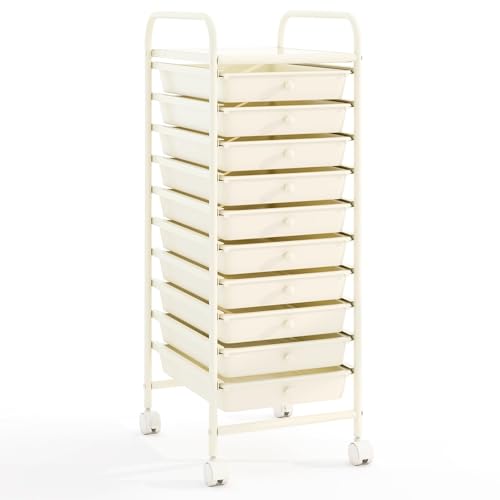 COSTWAY Rollwagen mit Schubladen Rollcontainer Badrollwagen Badtrolley Badregal Beistellwagen mit 10 stapelbaren Schubladen Metallgestell (Weiß)