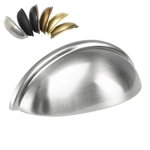 HOMOTEK 5 Pack Drawer Bin Cup Pulls Dresser Pulls for Cabinets Shiny Bright Brushed Satin Nickel - 3 Inch Hole Centers Furniture Handles,Kitchen Cabinet Hardware