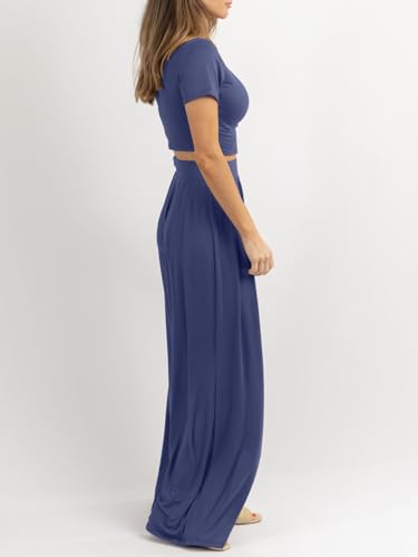 Image of PEIARA Womens 2 Piece Lounge Sets Summer Short Sleeve Crop Top Two Piece Outfit Wide Leg Palazzo Pants Set Matching Tracksuit