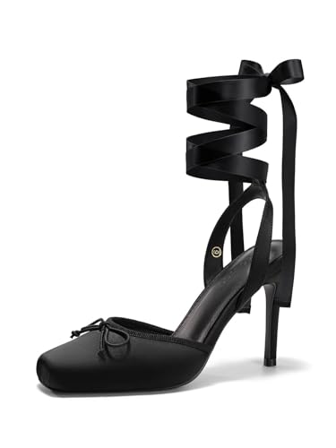 Coutgo Womens Ballet High Heels Satin Closed Square Toe Ballerina Heels Lace Up Bow Pumps Prom Shoes, Black, Size 8