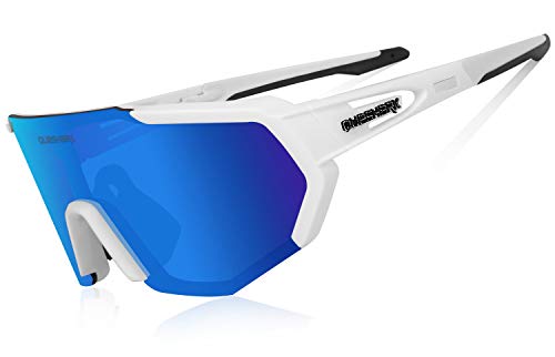 Queshark Polarizzati Anti-UV con 3 o 5 Lenti Occhiali da Ciclismo Bici MTB Intercambiabili per Sport Uomo Donna Guida Pesca Golf Baseball Corsa Certificazione CE Bianca 5 Lente