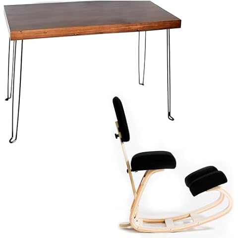 Sleekform Wooden Folding Desk, Small Folding Table Portable with Collapsible Hairpin Legs, Austin Kneeling Chair, Home Office Ergonomic Computer Desk Stool Cover
