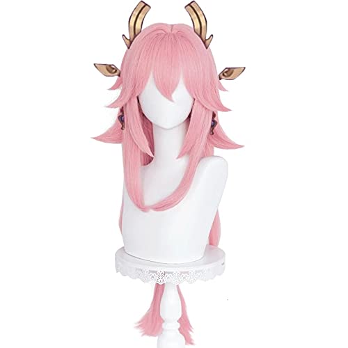 Genshin Impact Yae Cosplay Wig Yae Guuji Pink 85cm Long Straight Wig with Bangs Synthetic Hair Halloween Party Role Play