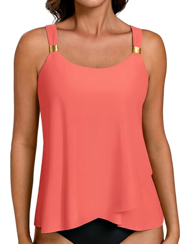 Hanna Nikole Women Flowy Tankini Tops Only Loose Fitting Bathing Suit Swim Top Orange Solid Padded...
