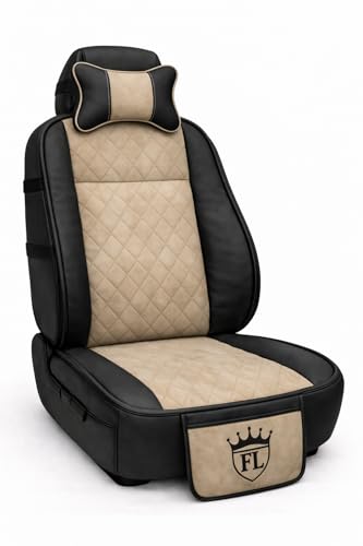Image of Ultra Comfort Luxury PU Leather Beige Seat Cover Cushion for All The Cars,SUV,Office Chair,Home Chair with Neck Rest Pillow-Easy Strap Fit,Pocket Flap(Universal Fit,1 Pack)