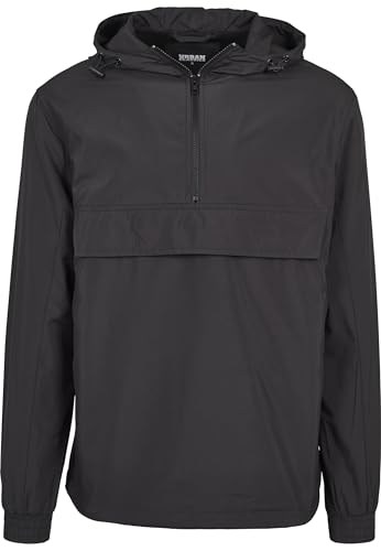 URBAN CLASSICS Veste Coupe-Vent de Mi-Saison pour Homme, Poche Kangourou, Poignets Élastiques, Capuche et Taille à Cordons, Col Zippé, 100% Polyester, Noir, Taille 4XL
