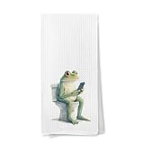 MVLJG Funny Frog Bathroom Hand Towels, Kids Bathroom Decor, Frog Sitting on The Toilet Animal Humor Decorative Hand Towels for Washroom Restroom, 16x24 Inches Dish Cloths & Dish Towels