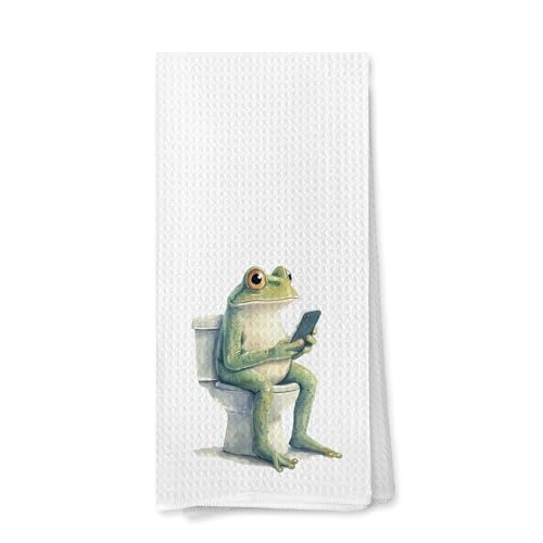 MVLJG Funny Frog Bathroom Hand Towels, Kids Bathroom Decor, Frog Sitting on The Toilet Animal Humor Decorative Hand Towels for Washroom Restroom, 16x24 Inches Dish Cloths & Dish Towels