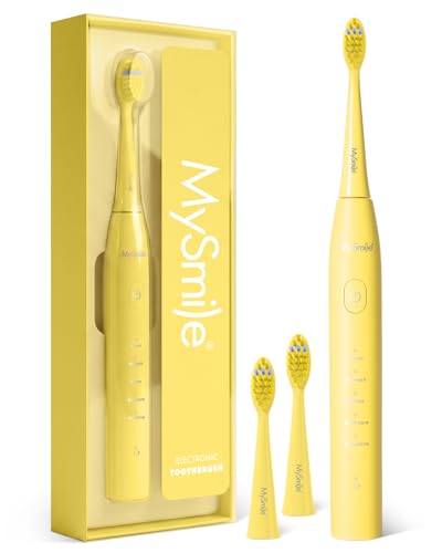 MySmile DY156 Electric Toothbrush for Adults, Rechargeable Sonic Battery Toothbrush Portable with 3 Brush Heads, 2 Mins 5 Modes Smart Timer, 45000VPM, One Charge for 60 Days - Yellow