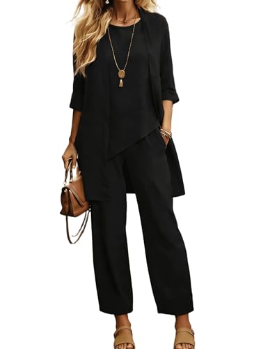 Akivide Womens 3 Piece Outfits Vacation Loungewear Sets Casual Tank Top with Cardigan Wide Leg Pantsuits 2026
