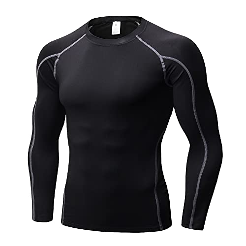 Eargfm Men's Athletic Compression Shirt Workout Running Long Sleeve Cool Dry Base Layer Active Sports T-Shirt Gym Tops, B Grey #TOP27