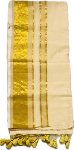 Image of Women's Mul Cotton Saree with Tassels | Soft Mulmul Saree | Woven Stripes & Zari Line | 5.5 Metres - Without Blouse