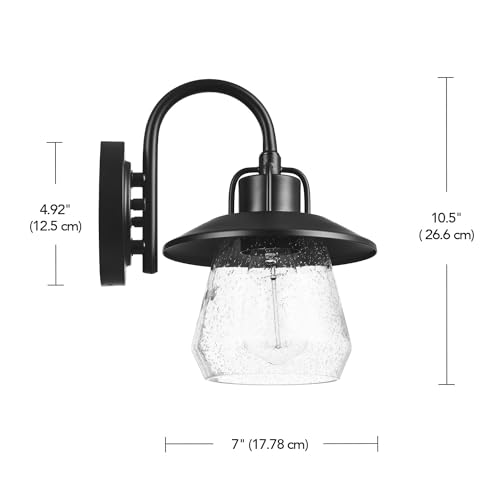 Image of Globe Electric 60000012 1-Light Outdoor Wall Sconce, Matte Black, 7 inch Seeded Glass Shade, Curved Stem, Porch Light, Wall Lighting, Patio Decor
