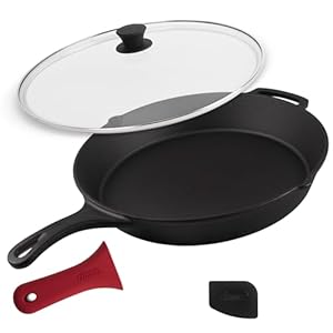 Cuisinel 15″ Cast Iron Skillet + Glass Lid Cover + Pan Scraper + Silicone Handle Grip Cover – Pre-seasoned Kitchen Cookware – Indoor/Outdoor – Camping, Grilling, BBQ, Oven Use