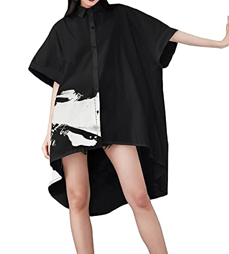 ellazhu Women's Oversized Button Down Shirt Dresses Batwing Sleeves High Low Top for Summer GY1827 A