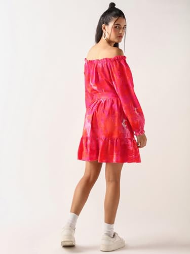 Image of Bewakoof Women's Fit and Flare Above The Knee All Over Printed Regular Fit 3 /4 Sleeve Shoulder Pure Satin Dress
