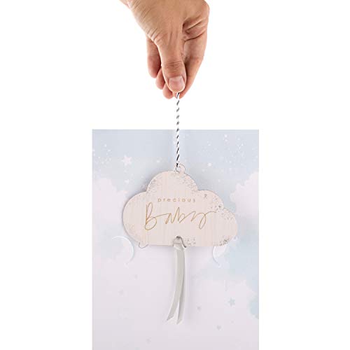 Hallmark - Tarjeta de felicitación de nacimiento unisex con recuerdo desmontable, diseño contemporáneo con adorno de madera para colgar en la nube